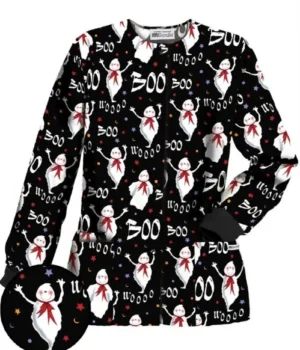 Boo Wooo Black Halloween Scrub Jacket product image