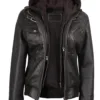 Women's Dark Brown Rub Off Leather Jacket with Removable Hood product image