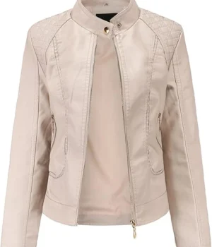 Casual Spring Slim Ladies Beige Leather Jacket With Stand-up Collar product image