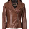 Cidra Women Asymmetrical Brown Hooded Leather Jacket product image