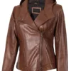 Cidra Women Asymmetrical Brown Hooded Leather Jacket product image