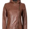 Cidra Women Asymmetrical Brown Hooded Leather Jacket product image