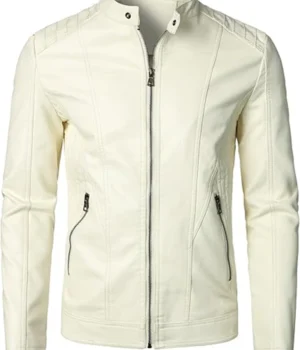 Classic Beige Men’s Leather Jacket For Bikers Stand Collar product image