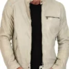 Classic Mens Cafe Racer Motorcycle Beige Leather Jacket product image