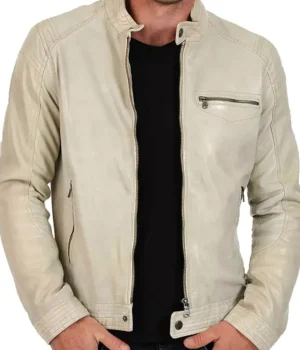 Classic Mens Cafe Racer Motorcycle Beige Leather Jacket product image