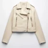 Classic Vintage Moto Lapel Style Collar Beige Real Leather Jacket product image