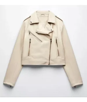 Classic Vintage Moto Lapel Style Collar Beige Real Leather Jacket product image
