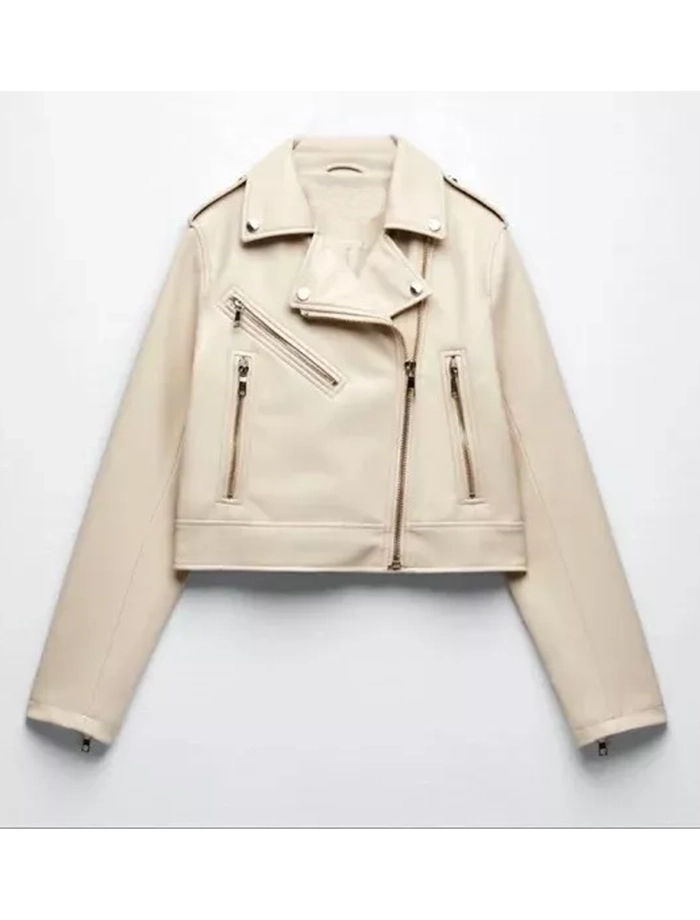 Classic Vintage Moto Lapel Style Collar Beige Real Leather Jacket Classic Vintage Moto Lapel Style Collar Beige Real Leather Jacket product image