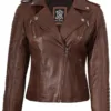 Bagheria Womens Cognac Biker Leather Jacket With Removable Hood product image