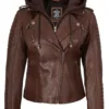 Bagheria Womens Cognac Biker Leather Jacket With Removable Hood product image