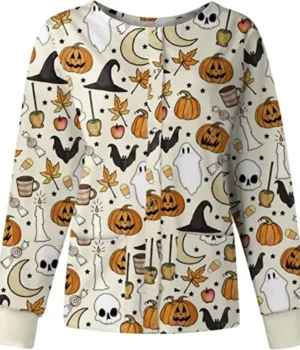 Cream Moon Skull Ghosts Halloween Scrub Jacket product image