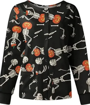 Dancing Skelton Pumpkins Halloween Scrub Jacket product image