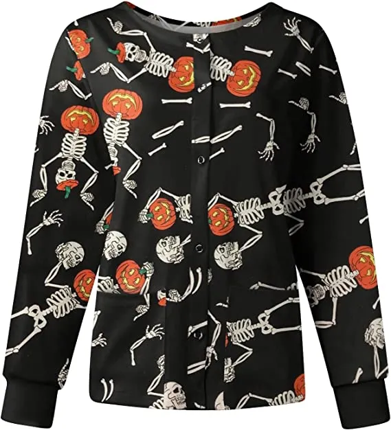 Dancing Skelton Pumpkins Halloween Scrub Jacket Dancing Skelton Pumpkins Halloween Scrub Jacket product image
