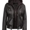 Women's Dark Brown Rub Off Leather Jacket with Removable Hood product image