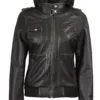 Women's Dark Brown Rub Off Leather Jacket with Removable Hood product image