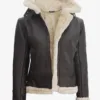 Womens Dark Brown Hooded Shearling Leather Jacket Womens Dark Brown Hooded Shearling Leather Jacket product image