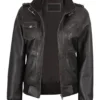 Women's Dark Brown Rub Off Leather Jacket with Removable Hood product image