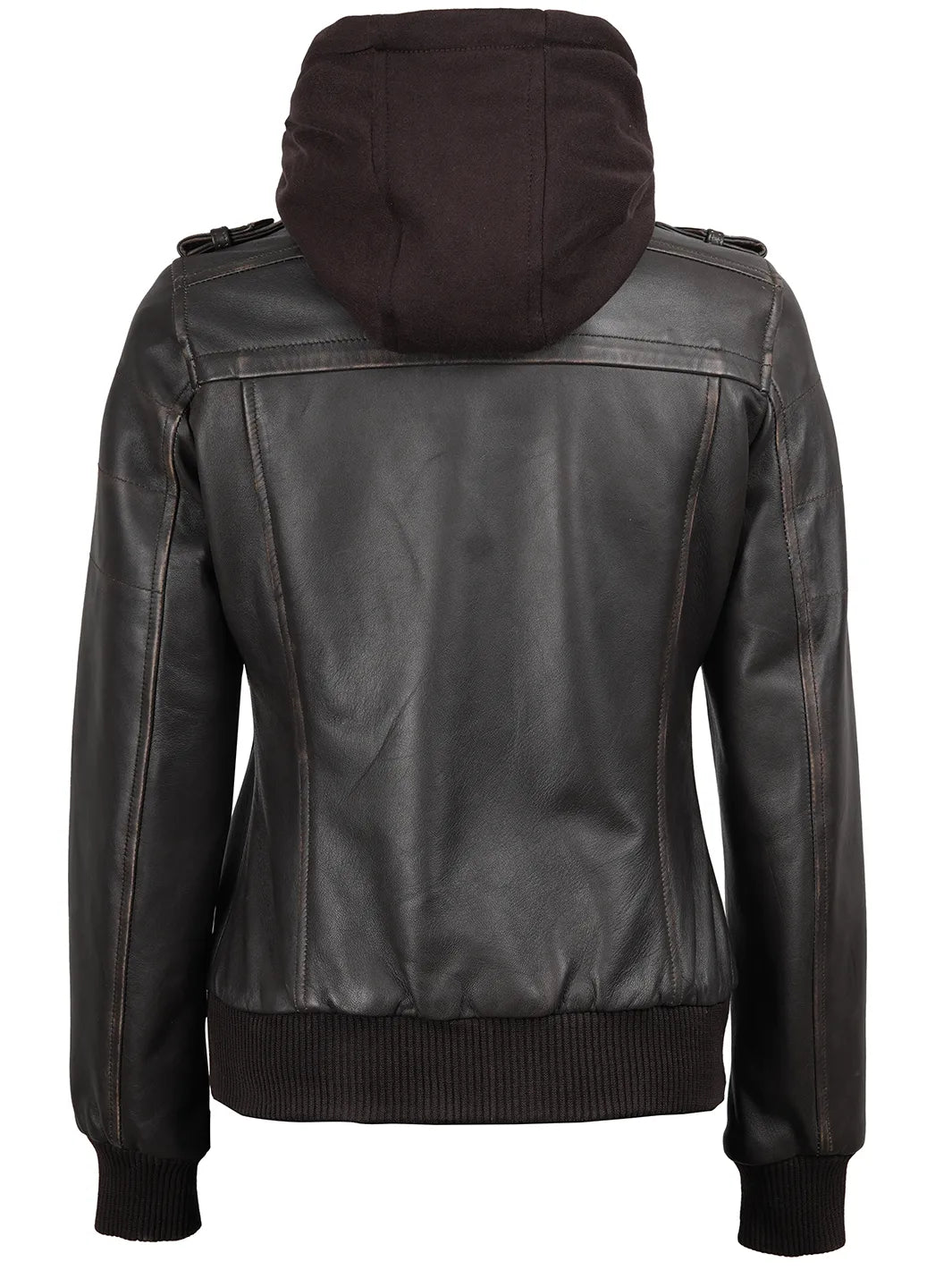 Women's Dark Brown Rub Off Leather Jacket with Removable Hood product image