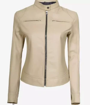 Dodge Beige Women’s Cafe Racer Leather Jacket product image