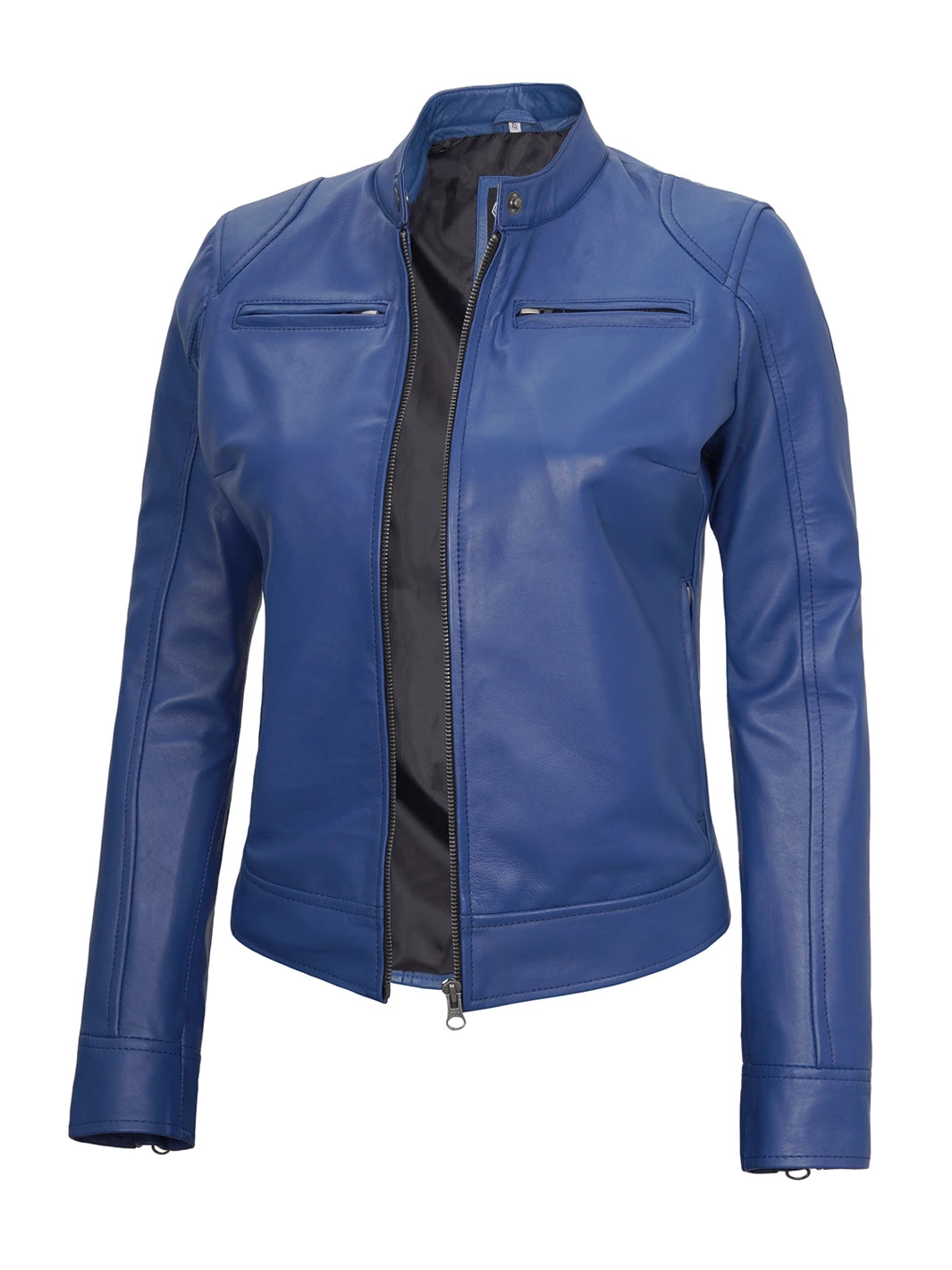 Dodge Women's Blue Leather Cafe Racer Jacket Dodge Women's Blue Leather Cafe Racer Jacket product image