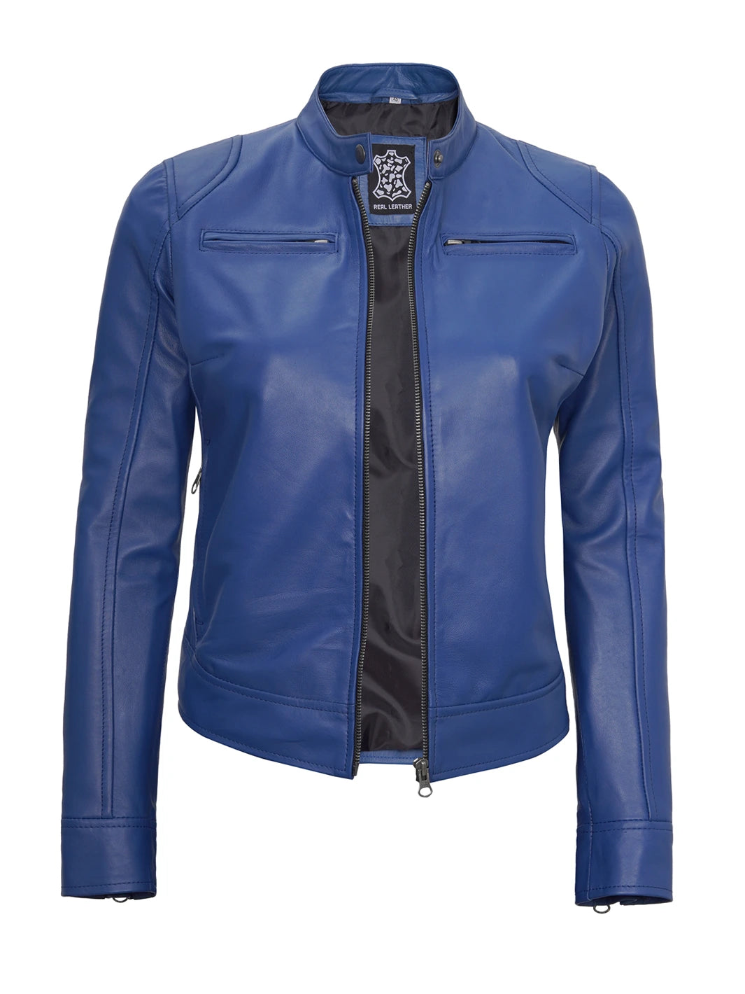 Dodge Women's Blue Leather Cafe Racer Jacket Dodge Women's Blue Leather Cafe Racer Jacket product image