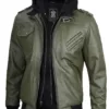 Men's Military Green Leather Jacket with Removable Hood product image