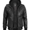 Men's Bomber Dark Grey Leather Jacket with Removable Hood product image