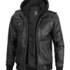 Men's Bomber Dark Grey Leather Jacket with Removable Hood product image