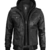 Men's Bomber Dark Grey Leather Jacket with Removable Hood product image