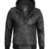 Men's Bomber Dark Grey Leather Jacket with Removable Hood product image