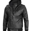 Men's Bomber Dark Grey Leather Jacket with Removable Hood product image