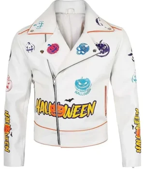 Halloween Pumpkin Asymmetrical White Leather Jacket product image