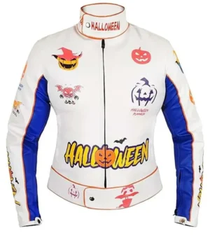 Halloween Pumpkin Printed White Leather Jacket product image