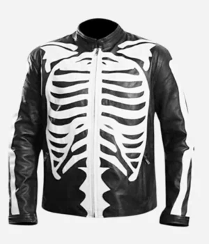 Halloween Skeleton Print Black Leather Jacket product image