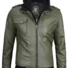Men's Military Green Leather Jacket with Removable Hood product image