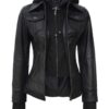 Tall Women's Black Biker Style Leather Jacket with Removable Hood product image