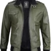 Men's Military Green Leather Jacket with Removable Hood product image