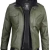 Men's Military Green Leather Jacket with Removable Hood product image