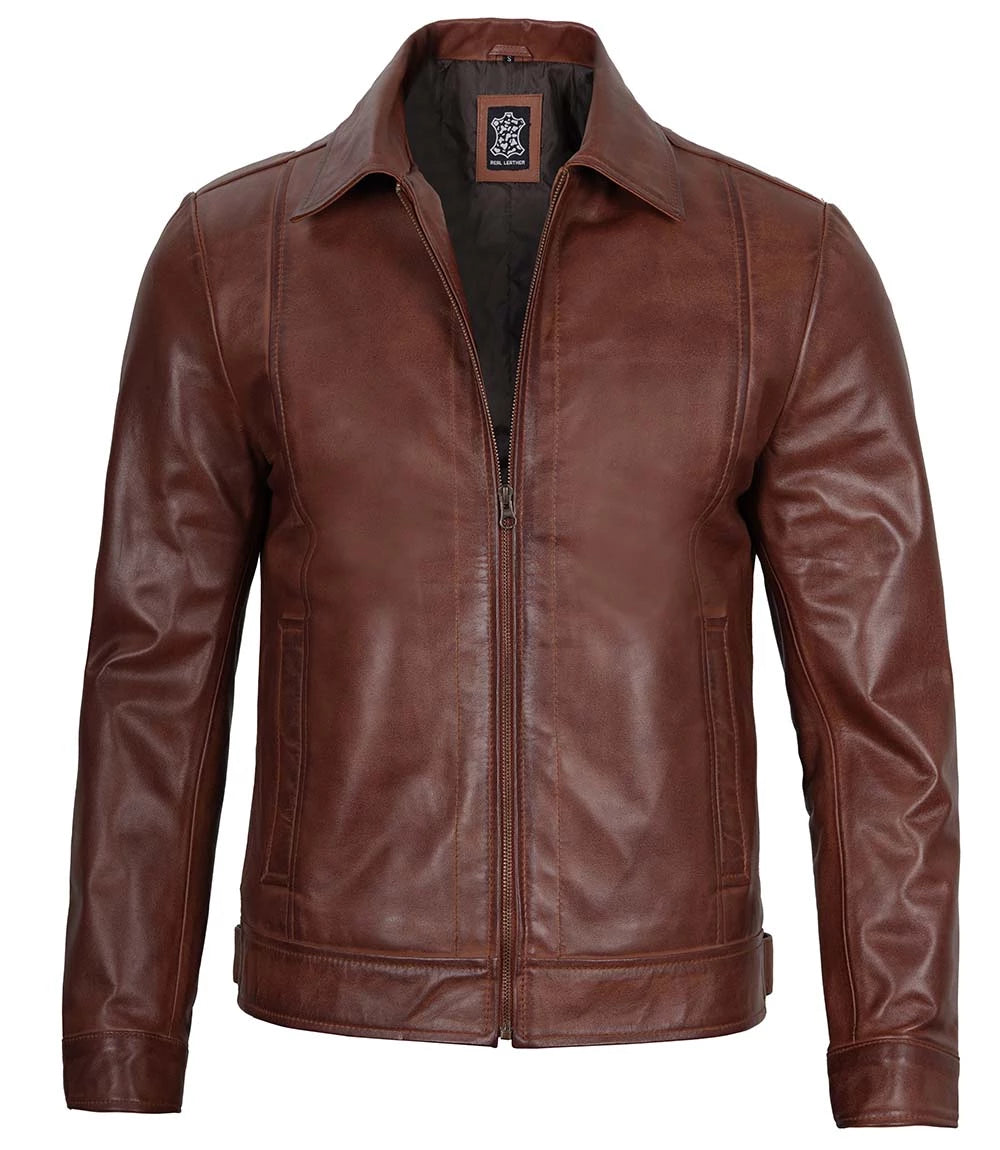 Tall Men Harrington Brown Leather Jacket Tall Men Harrington Brown Leather Jacket product image