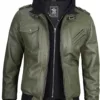 Men's Military Green Leather Jacket with Removable Hood product image