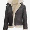 Womens Dark Brown Hooded Shearling Leather Jacket product image