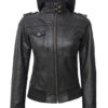 Tall Women's Bomber Black Leather Jacket with Removable Hood product image