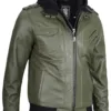 Men's Military Green Leather Jacket with Removable Hood product image