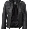 Tall Women's Bomber Black Leather Jacket with Removable Hood product image