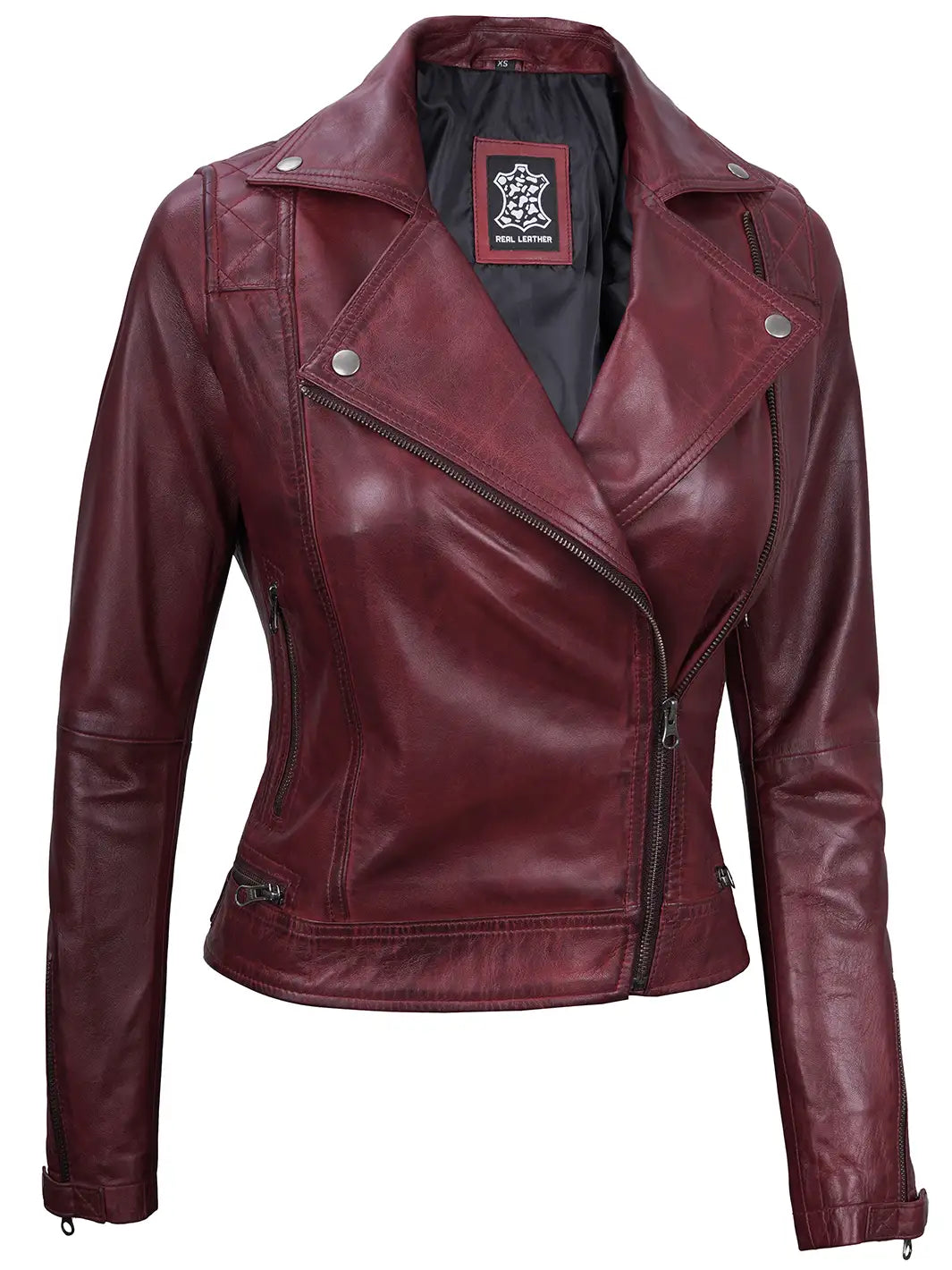 Kimberley Women's Asymmetrical Burgundy Quilted Biker Style Leather Jacket Kimberley Women's Asymmetrical Burgundy Quilted Biker Style Leather Jacket product image