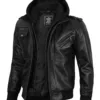 Edinburgh Mens Black Bomber Leather Jacket With Removable Hood product image