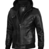 Edinburgh Mens Black Bomber Leather Jacket With Removable Hood product image