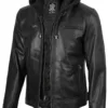 Men's Black Biker Style Leather Jacket with Removable Hood product image