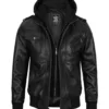 Edinburgh Mens Black Bomber Leather Jacket With Removable Hood product image