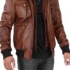 Men's Brown Tall Leather Bomber Jacket With Removable Hood product image